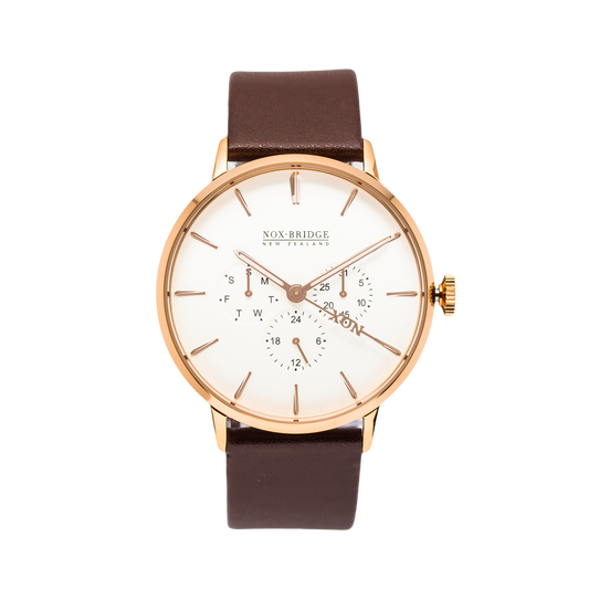 NOX-BRIDGE Classic Izar Vegan Brown Leather Strap White Dial 41MM Rose Gold Watch