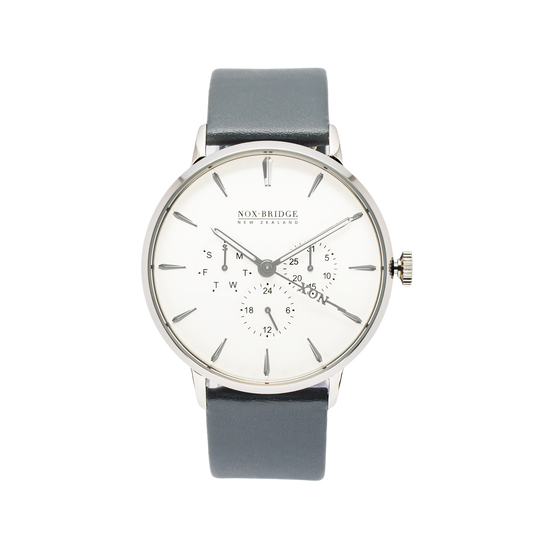 NOX-BRIDGE Classic Alcyone Vegan Grey Leather Strap White Dial 41MM Silver Watch