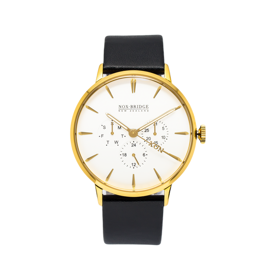 NOX-BRIDGE Classic Capella Vegan Black Leather Strap White Dial 41MM Gold Watch