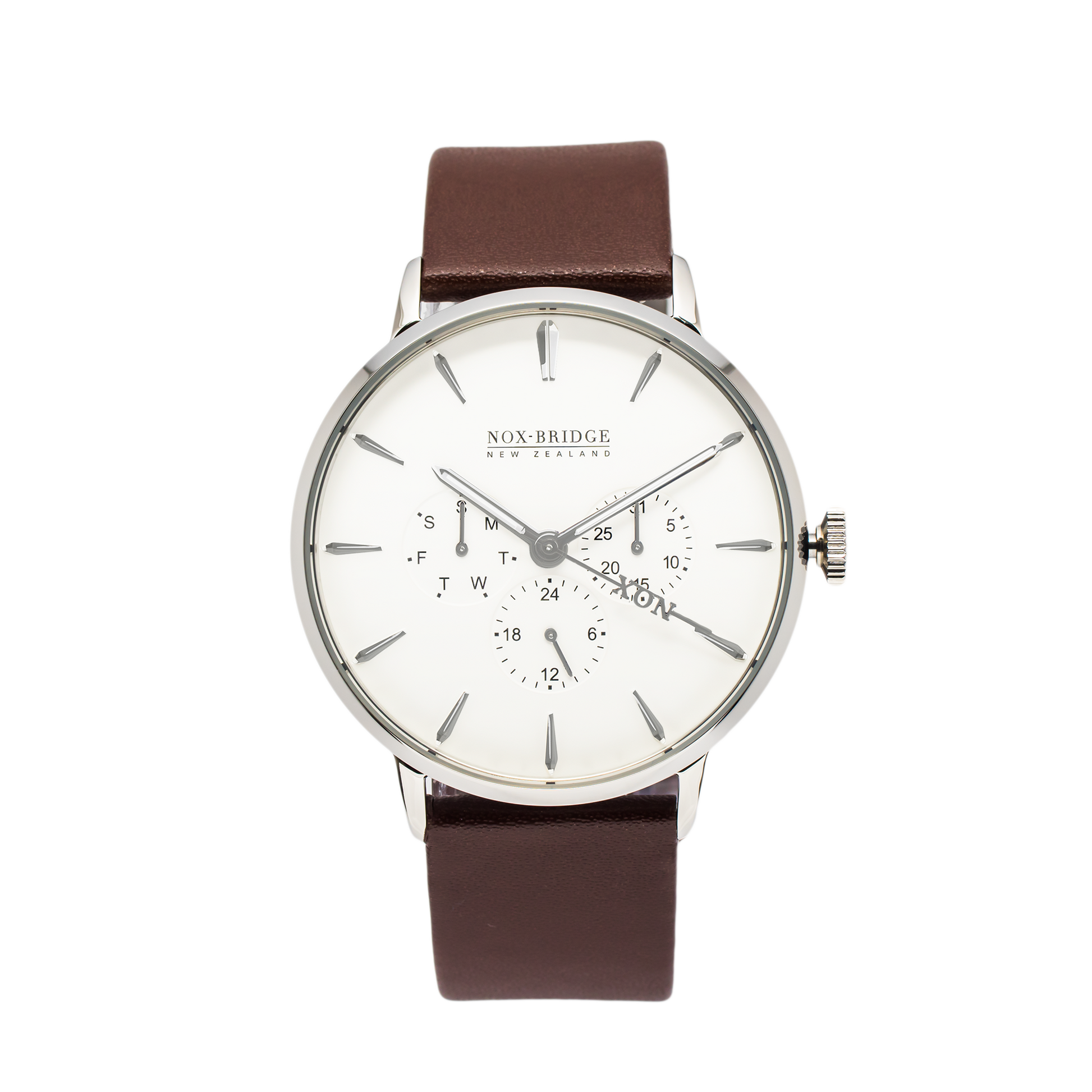 NOX-BRIDGE Classic Izar Vegan Brown Leather Strap White Dial 41MM Silver Watch