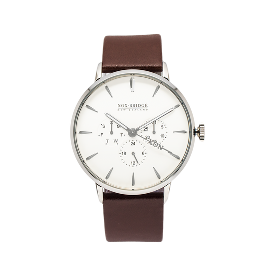 NOX-BRIDGE Classic Izar Vegan Brown Leather Strap White Dial 41MM Silver Watch