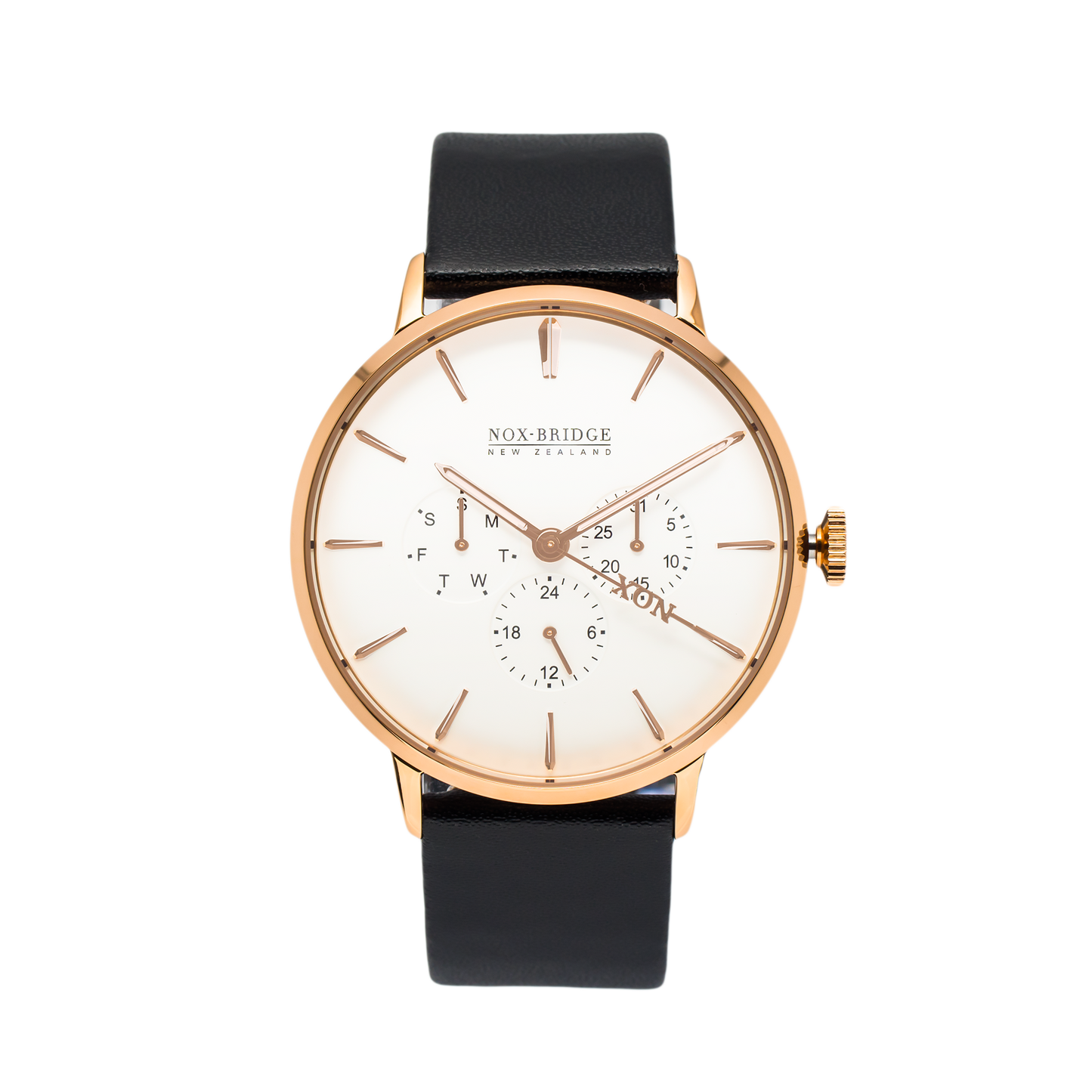 NOX-BRIDGE Classic Capella Vegan Black Leather Strap White Dial 41MM Rose Gold Watch