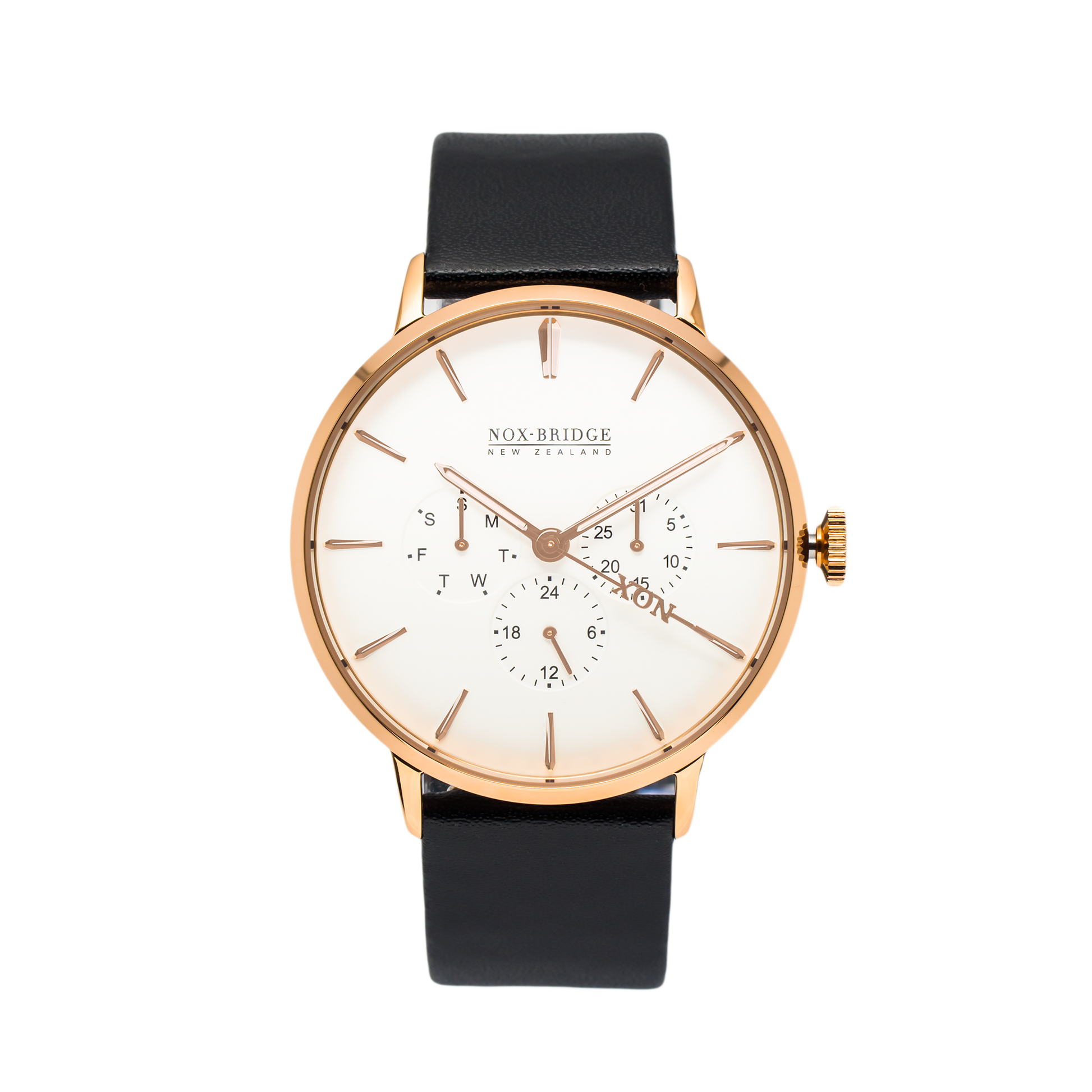 NOX-BRIDGE Classic Capella Vegan Black Leather Strap White Dial 41MM Rose Gold Watch