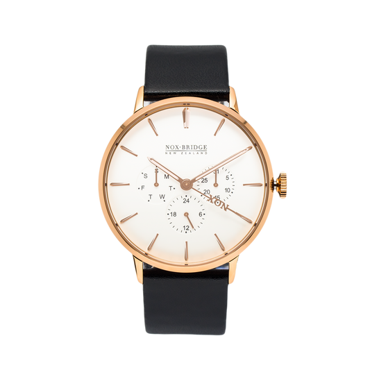 NOX-BRIDGE Classic Capella Vegan Black Leather Strap White Dial 41MM Rose Gold Watch