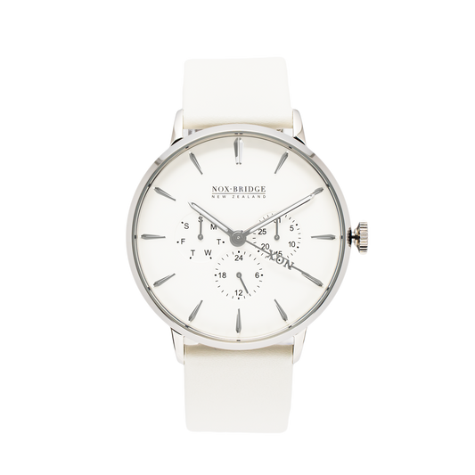 NOX-BRIDGE Classic Meissa Vegan White Leather Strap White Dial 41MM Silver Watch