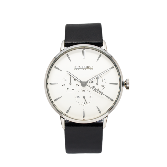 NOX-BRIDGE Classic Capella Vegan Black Leather Strap White Dial 41MM Silver Watch