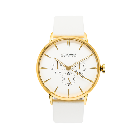 NOX-BRIDGE Classic Meissa Vegan White Leather Strap White Dial 41MM Gold Watch