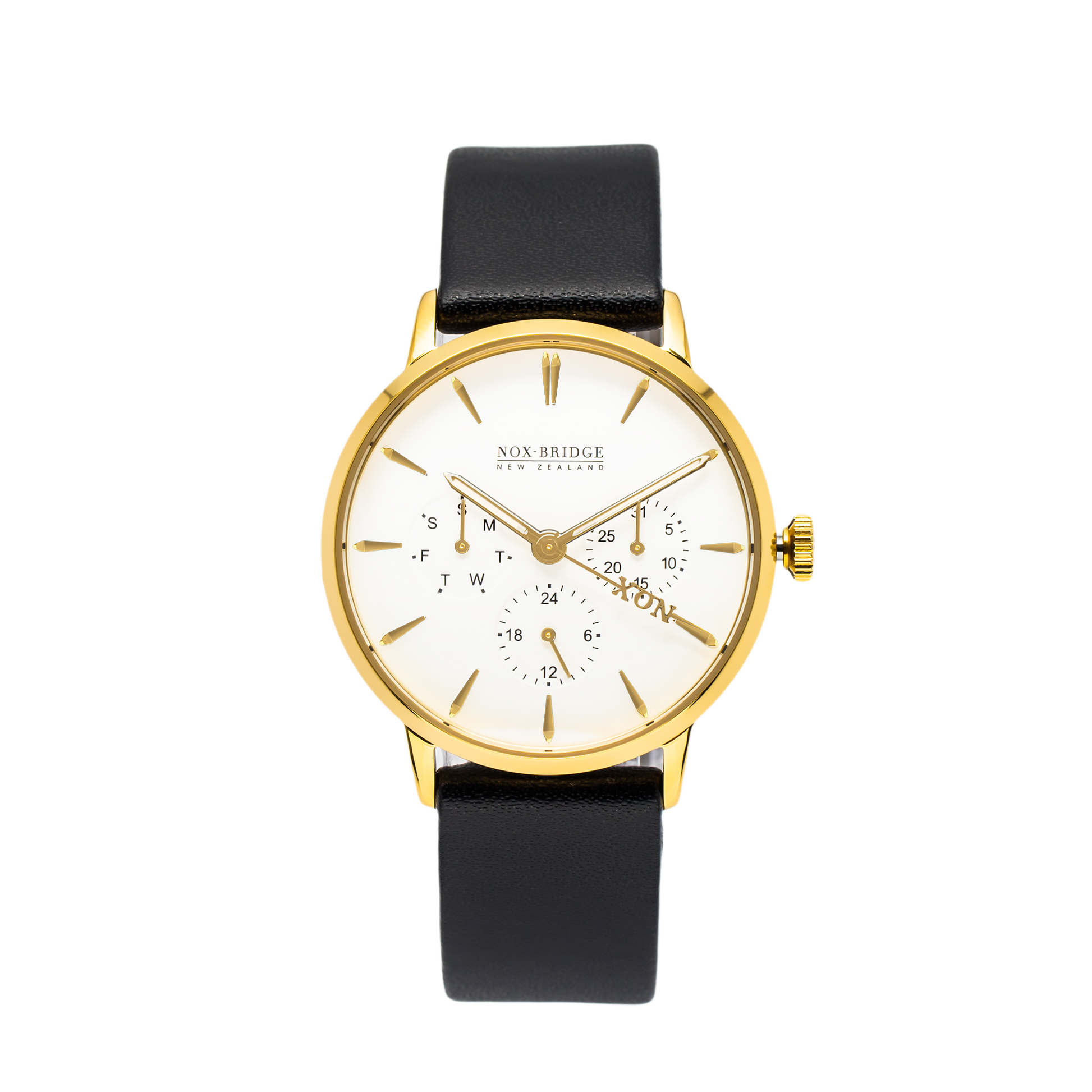 NOX-BRIDGE Classic Capella Vegan Black Leather Strap White Dial 36MM Gold Watch