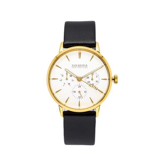 NOX-BRIDGE Classic Capella Vegan Black Leather Strap White Dial 36MM Gold Watch