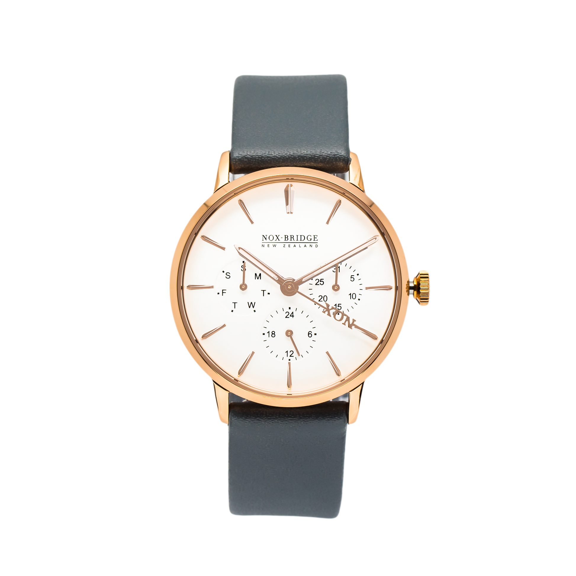 NOX-BRIDGE Classic Alcyone Vegan Grey Leather Strap White Dial 36MM Rose Gold Watch