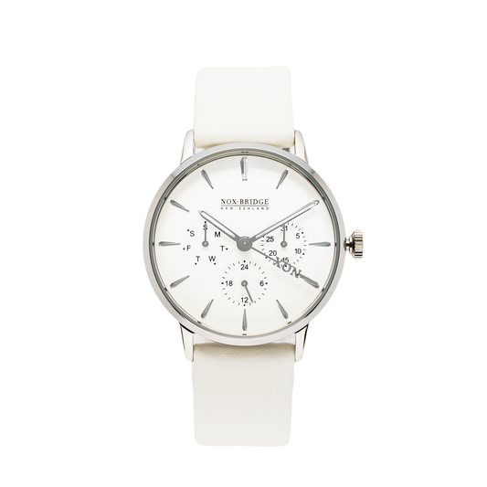 NOX-BRIDGE Classic Meissa Vegan White Leather Strap White Dial 36MM Silver Watch