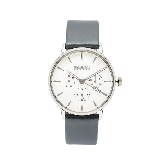 NOX-BRIDGE Classic Alcyone Vegan Grey Leather Strap White Dial 36MM Silver Watch