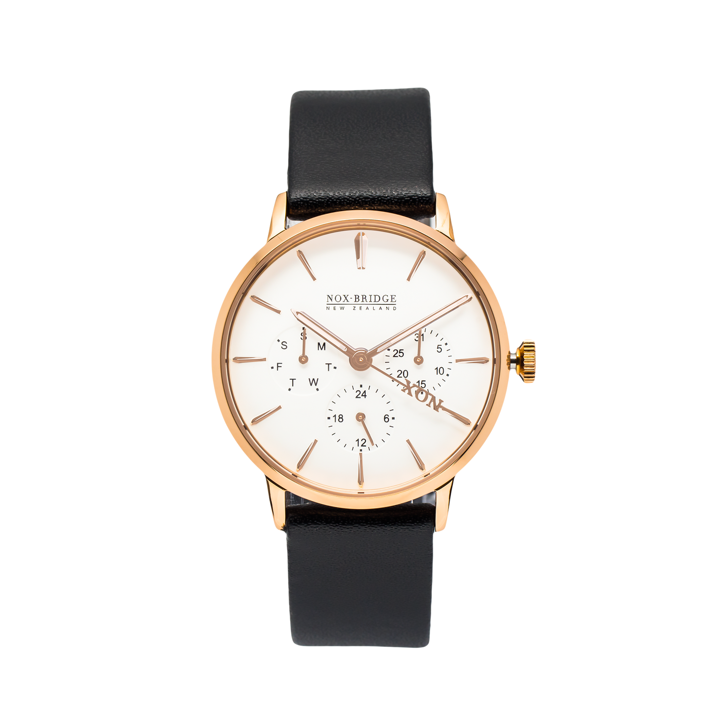 NOX-BRIDGE Classic Capella Vegan Black Leather Strap White Dial 36MM Rose Gold Watch