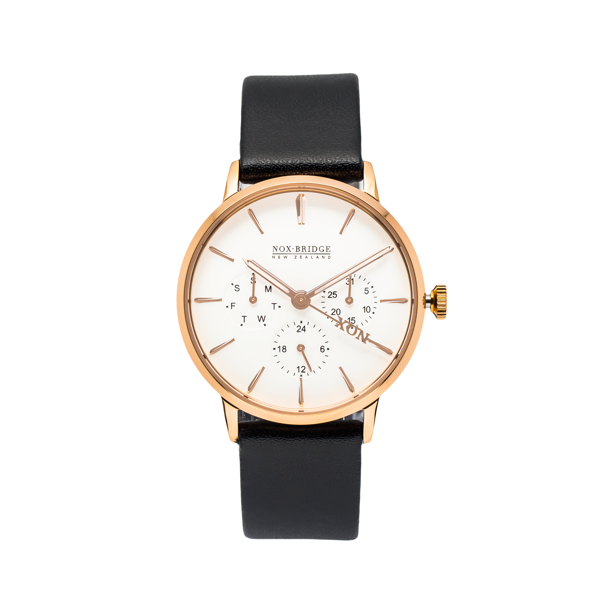 NOX-BRIDGE Classic Capella Vegan Black Leather Strap White Dial 36MM Rose Gold Watch