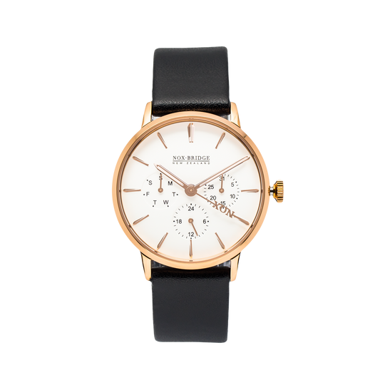 NOX-BRIDGE Classic Capella Vegan Black Leather Strap White Dial 36MM Rose Gold Watch