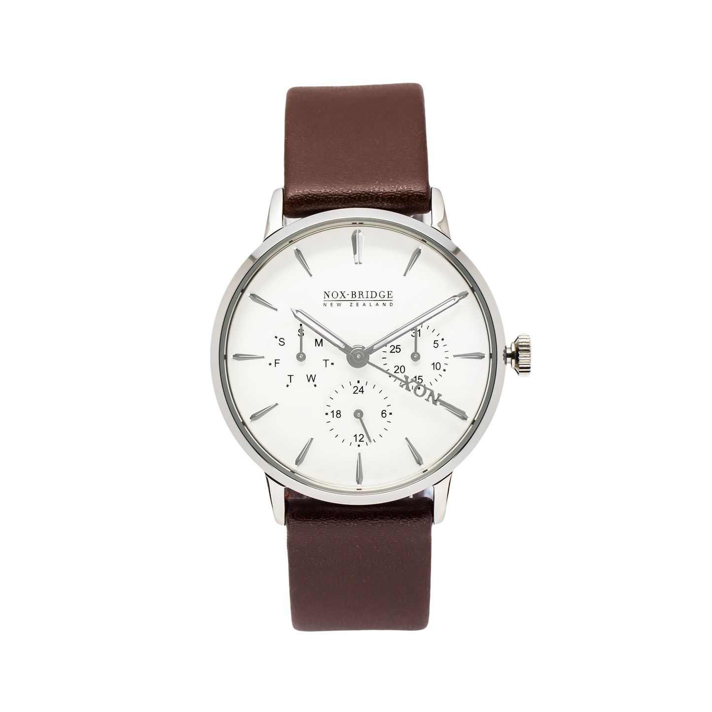 NOX-BRIDGE Classic Izar Vegan Brown Leather Strap White Dial 36MM Silver Watch