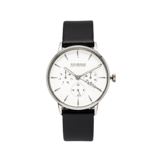 NOX-BRIDGE Classic Capella Vegan Black Leather Strap White Dial 36MM Silver Watch