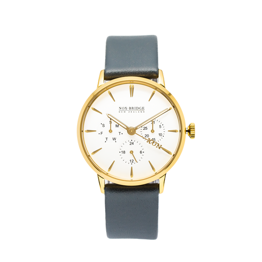 NOX-BRIDGE Classic Alcyone Vegan Grey Leather Strap White Dial 36MM Gold Watch